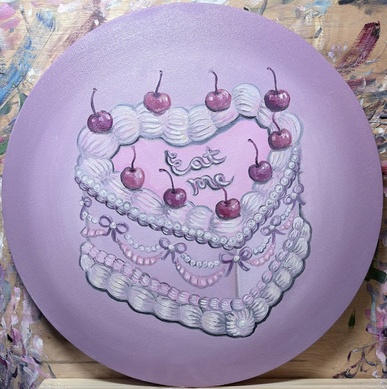 Painting of a heart-shaped cake with cherries and piped icing